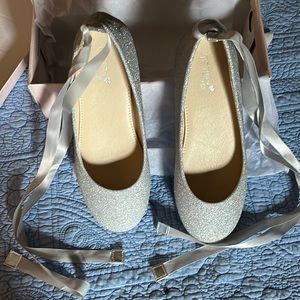 Girls Silver Ballet Flats w/ Ribbon Laces